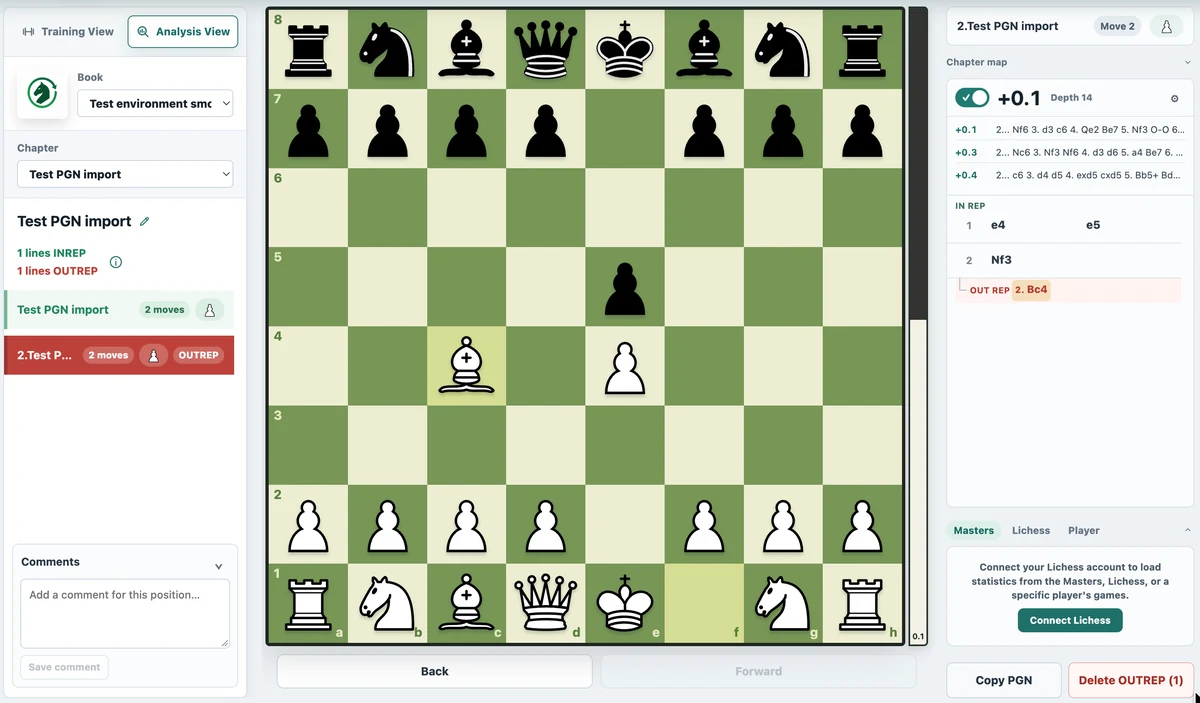 OpeningReps Analysis View showing 1. e4 e5 2. Nf3 as an INREP line and 2. Bc4 as a saved OUTREP alternative.